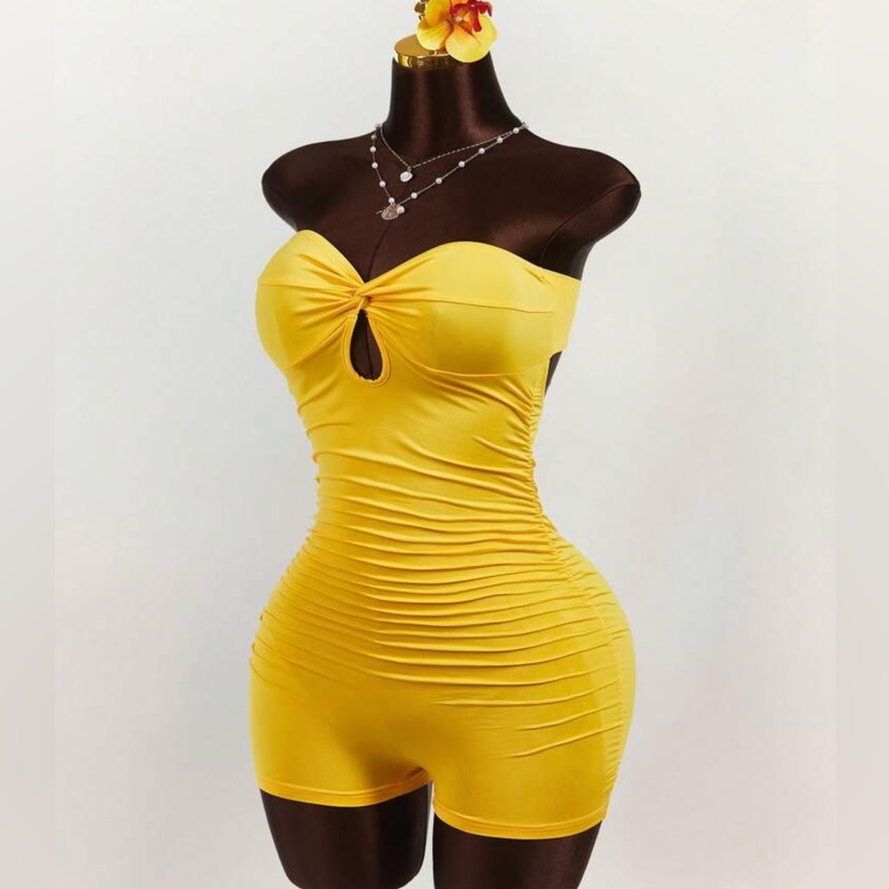 Yellow Ruched Sexy Club Summer Romper Fashion Nova SHEIN Baddieville Brand New